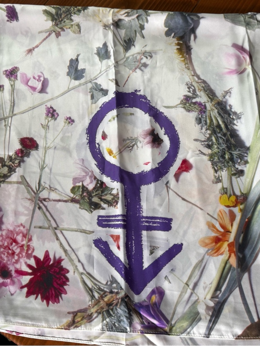 Prince Floral Satin Scarf with Purple Symbol and Multicolor Blooms